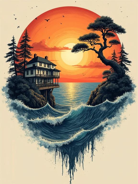 Surreal landscape depicting a Victorian house on stilts by the ocean at sunset. Intricate details include bonsai trees and waves in a stylized manner. The scene captures a warm sunset glow with dynamic colors and strong contrasts.