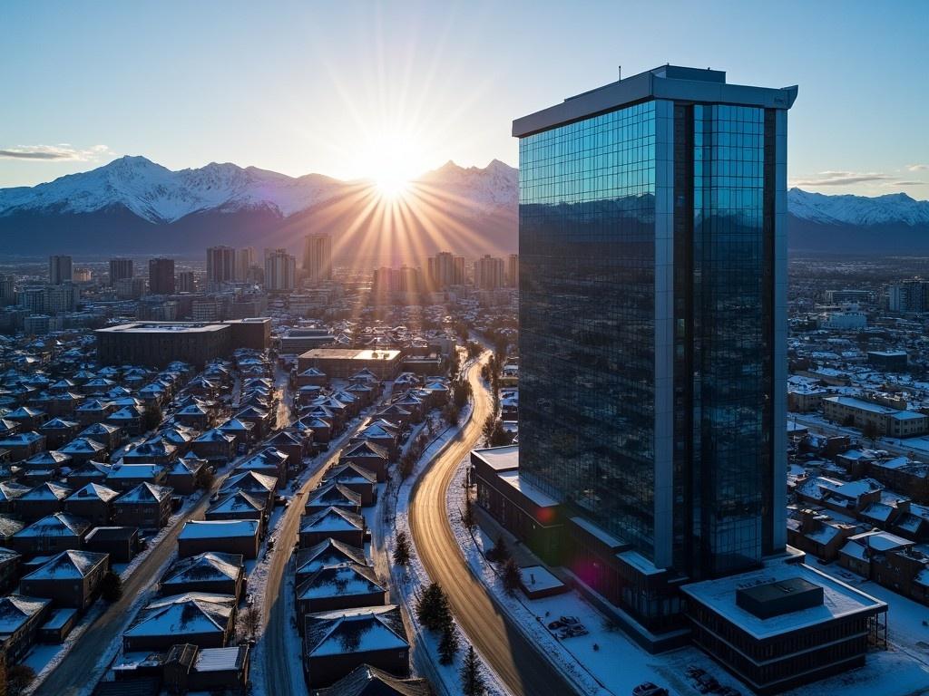 This image captures an urban landscape at dawn or dusk, showcasing a high-angle aerial view. In the foreground, a dense residential area displays varied roof colors, some adorned with snow, winding along curved roads. A large, modern skyscraper with a reflective facade stands prominently to the right, while urban structures illuminate in the midground. The background reveals a stunning mountain range with snow-capped peaks, under a sky transitioning from deep blue to warm hues. A bright light flare in the center enhances the dynamic feel, contrasting the cool mountain tones with warm sunlight shades.