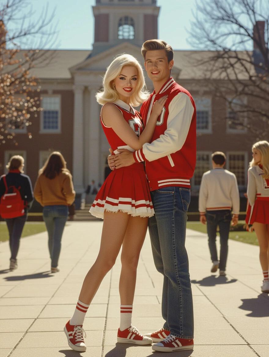 Stunning portrait featuring 1960s couple in cheerleader costume. Woman has platinum blonde hair. She hugs a tall man in a letterman jacket. College quad setting with several people walking. Flawless makeup with winged eyeliner. Ruby red lips and accessories showcased. Rendered in style reminiscent of Slim Aarons photographs.