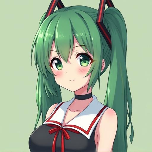 Anime girl with green hair posing in a t-pose. Character has a cheerful expression and is wearing a school uniform inspired outfit with a collar. Background is a light green color.