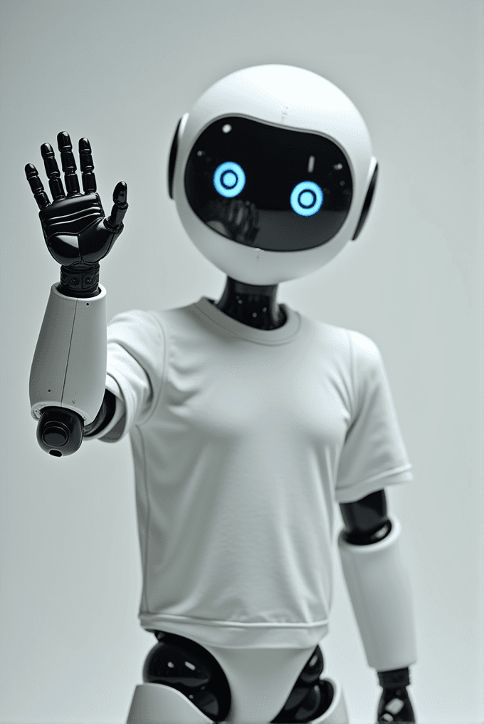 A cheerful robot with glowing blue eyes is waving hello.