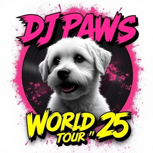 80s-inspired bootleg rap t-shirt design with a placeholder for a pet photo. Features bold neon pink and yellow text. Background has a transparent distressed texture with vinyl record accents.
