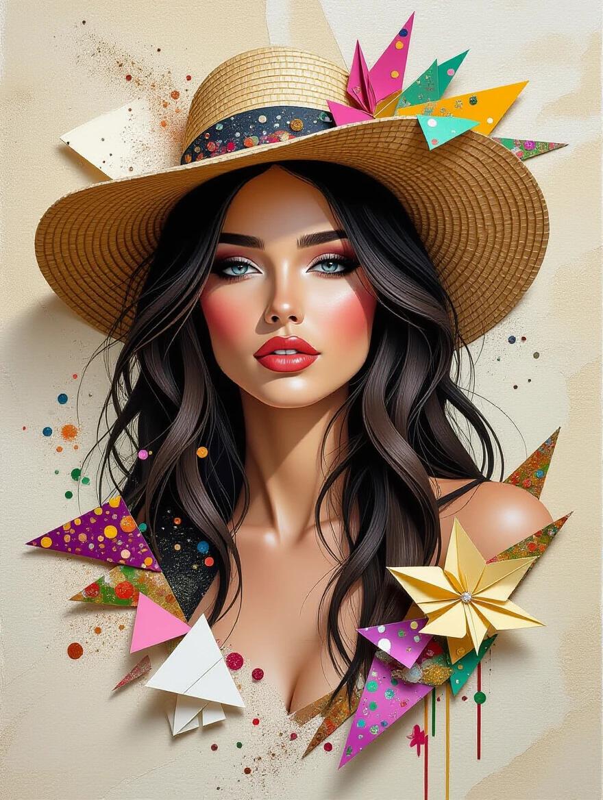 A beautiful woman with flowing hair wears a large straw hat. Colorful geometric shapes surround her. The design features origami and confetti textures. It creates a stunning visual effect. The style is a hybrid of painting and 3D elements.
