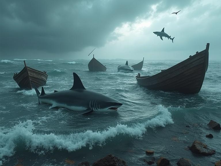 A hyperrealistic scene depicts a large shark circling among broken wooden boats in choppy ocean waters. The water splashes as debris floats around. The shark's dorsal fin breaks the surface, exuding menace. The overcast sky with dark clouds casts moody lighting, enhancing the sense of danger.