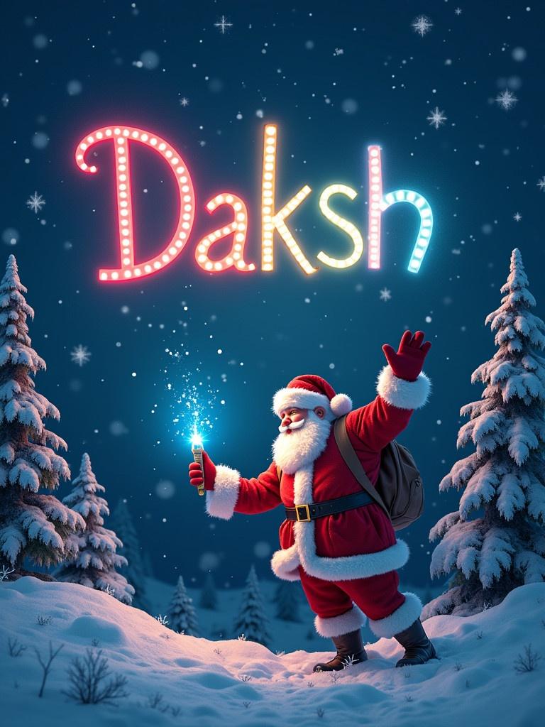 A Christmas scene with Santa Claus in a winter landscape. Santa holds a colorful glow pen. The name 'Daksh' shines in colorful letters in the night sky. Snowflakes gently fall in the dark blue background. Surrounding snowy trees enhance the holiday spirit. The image captures the essence of Christmas joy.