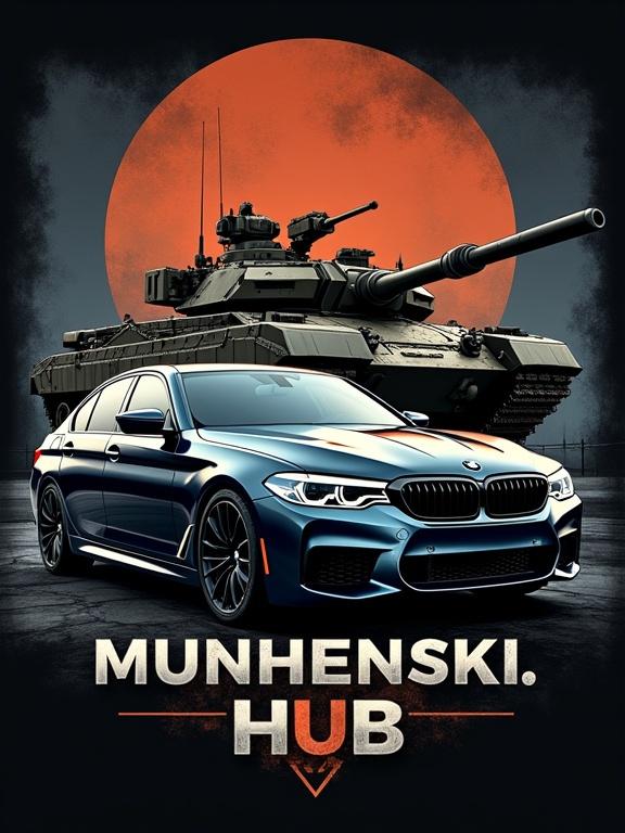 Design for a black T-shirt featuring a BMW 5 Series and a Russian T-14 Armata tank. Incorporate the text MUNHENSKI.HUB. Use a rich color palette and controlled transparency. Create a mature aesthetic with distressing effects. Include detailed vehicle elements and strategic placements of text.