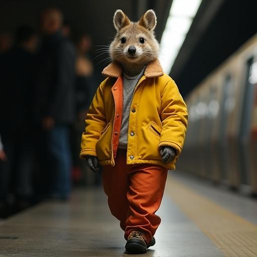 High-resolution image of a male quokka dressed in 1970s style. Quokka smiling mid-catwalk in subway station. Background features subway details with a lifelike elephant.