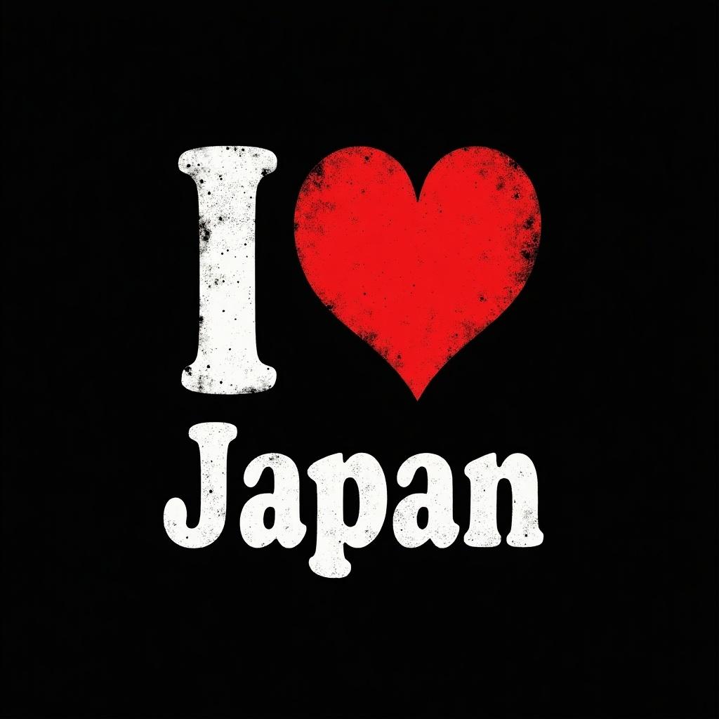 Create a black t-shirt design featuring the text 'I ❤️ Japan'. The 'I' should be in white, followed by a red heart symbol, and 'Japan' in white letters. The font should be bold and distressed, giving it a vintage, worn appearance. The overall design should have a textured look that is visually appealing. Ensure the text is placed centrally on the shirt for maximum impact.