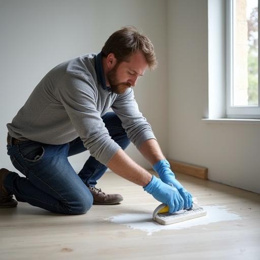 Realistic photo for a website. A flooring professional is applying microcement to a floor. The professional is a man, with a beard, wearing gloves and kneeling on the floor, showing the process of coating.
