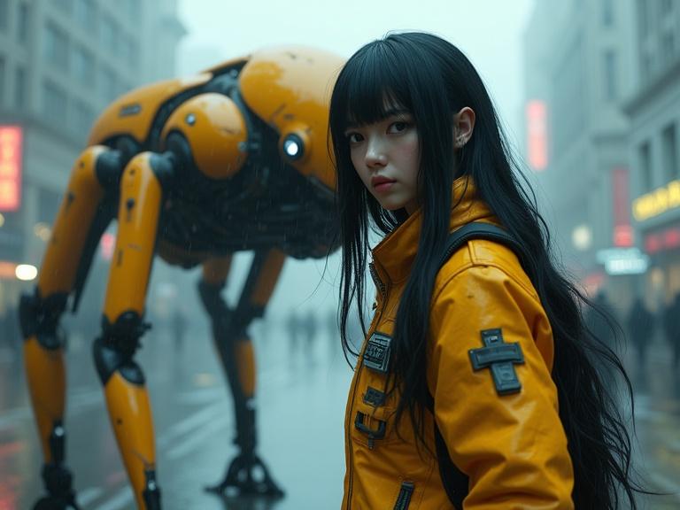 Hyper-realistic CGI animation presents a detailed female pilot with long black hair. She wears a tactical yellow and black bodysuit. A massive insectoid mech stands imposingly behind her. The mech has articulated limbs and glowing sensors. The setting is a wet urban environment with neon signs visible through fog. Background features include a soundscape with dynamic lighting and realistic physics. The character's hair and jacket flutter in the wind. The full depth of the scene captures the contrast between shadows and highlights, evoking a moody ambiance.