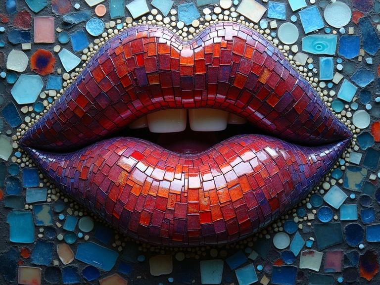 3D iridescent ceramic tile and glass mosaic featuring abstract gothic lips. The design showcases vibrant colors with a composition that resembles a volcanic eruption. Uses encaustic and flashy mixed media techniques.