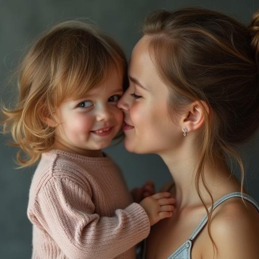 Ultrarealistic portrait of young parents captured in a tender moment with their child looking joyfully at the camera and mother gazing lovingly in return