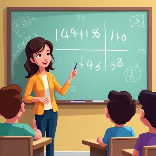 Cartoonish depiction of a teacher standing in front of a classroom. Teacher engages with students while teaching math. Simple graphics featuring a chalkboard with math equations.