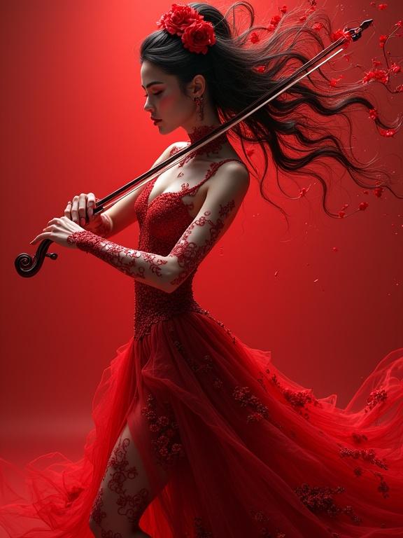 A hyperdetailed symphonic model poses with a violin in a flowing red dress. The background is a deep red, enhancing the dramatic effect. The model embodies artistry and elegance.