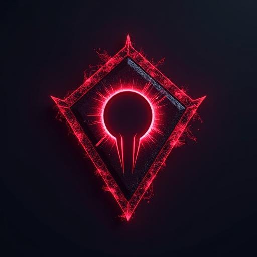 Car emblem with jagged diamond shape. Stylized eclipse at center. Hidden 'N' in negative space. Black and crimson colors. Deep purple to red glow effect. Font inspired by cyberpunk aesthetics.