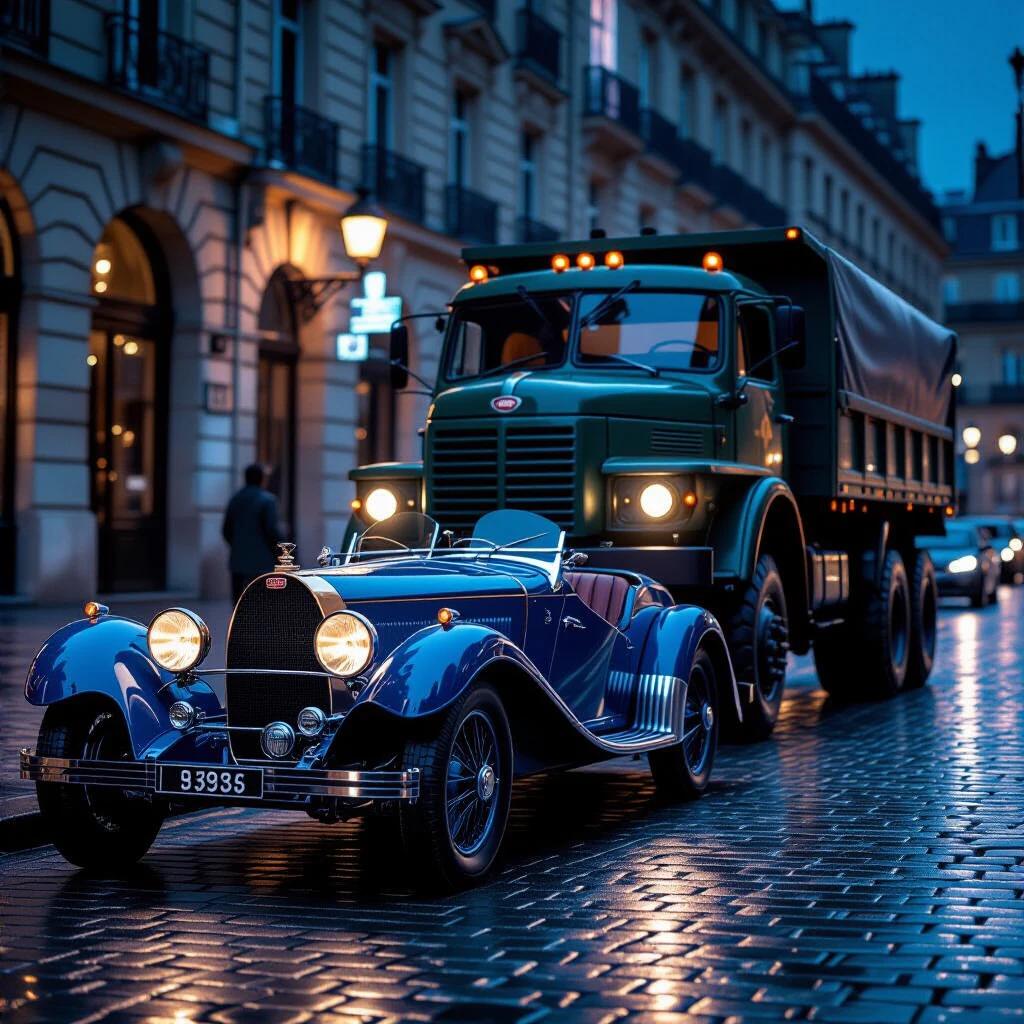 Photorealistic depiction of a 1924 Bugatti Type 35 parked on rainy cobblestones. A Soviet Military Truck looms behind, illuminated by its own headlights. Bugatti's headlights off, subtle reflections on the surface, while steam rises only from the truck. The scene captures an intense juxtaposition of vintage elegance and industrial might.