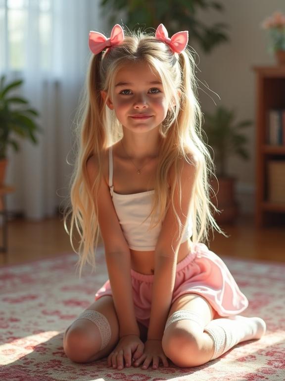 Girl with long blonde hair in twin tails. She wears pink bows. She kneels on a colorful rug. Soft light shines in the living room. Attire includes a crop top and a mini skirt. She wears thigh-high socks and black shoes.