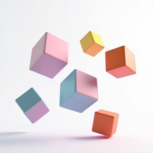 Abstract 3D render of floating color-coded skill cubes. Soft depth-of-field effect. White infinity backdrop enhances minimalistic tech aesthetic.