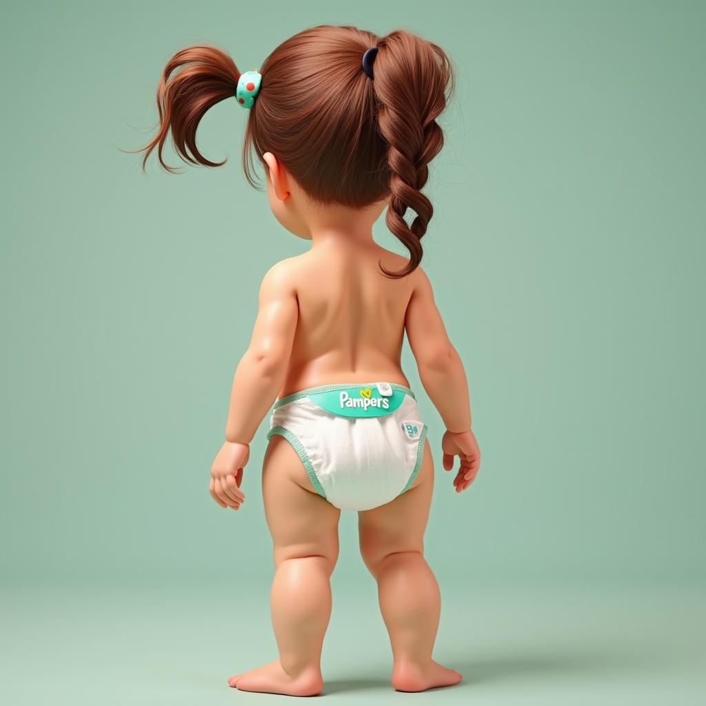 This image features a cute toddler with brown hair styled in ponytails. She is wearing a Pampers diaper and is seen from the back. The background is a soft mint green color, creating a gentle, warm atmosphere. The toddler's limbs are chubby, exuding a sense of innocence. The focus is on the diaper, showcasing its branding. This image captures the playful and carefree essence of childhood.