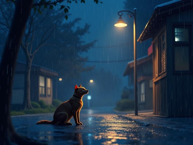Dog sits in the rain on a quiet street at night with a streetlamp shining. Background includes buildings softly illuminated. The scene evokes a melancholic, yet peaceful vibe.