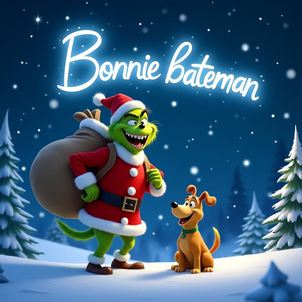 The image features a cheerful Grinch-like character in a snowy landscape, actively writing the name 'Bonnie bateman' in glowing letters high in the night sky. Dressed in a traditional red and white festive outfit, he carries a large sack, filled with gifts on his back. Next to him, his loyal dog, Max, watches with a happy expression. Snowflakes delicately fall around them, contributing to the magical winter atmosphere. Pine trees in the background enhance the scene, creating a cozy, festive feeling. The starry night sky sparkles, casting a warm glow over the landscape.