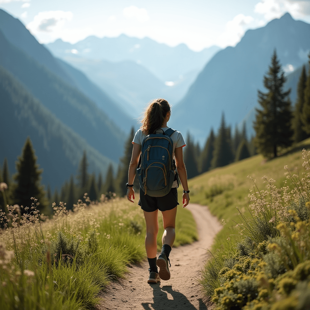 A hiker strolls along a winding trail through a lush, green valley surrounded by majestic mountain peaks under a blue sky.