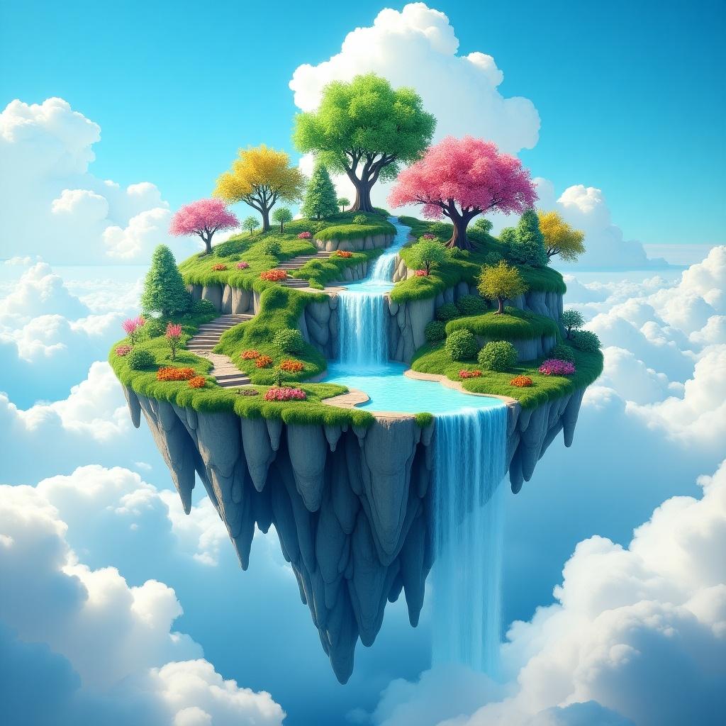 Floating island with lush trees and waterfalls surrounded by clouds. Vivid colors create a dreamlike, serene atmosphere.