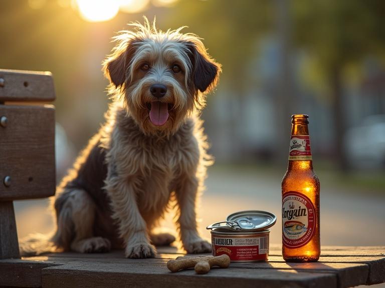 A shaggy mongrel dog sits on a bench during a hot summer evening. The dog has shaggy ears and a playful smile. An open can of sardines and a dog bone are on the bench beside a beer bottle.