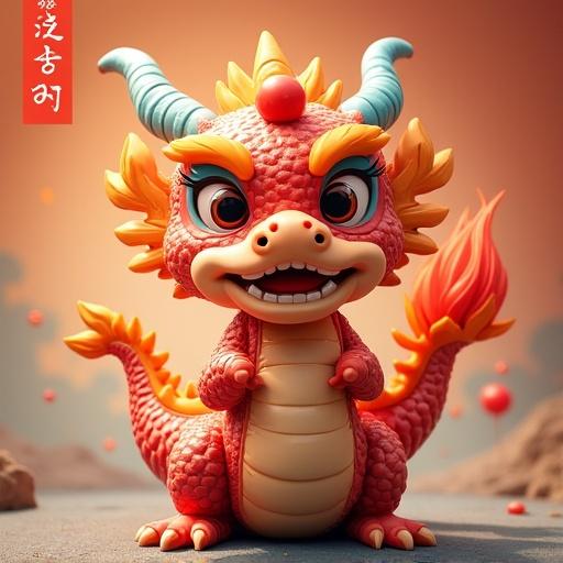 Chibi styled Chinese dragon character with big eyes and cheerful expression. Dragon has vibrant red and orange scales with teal horns and fiery tail. Background features a whimsical landscape.