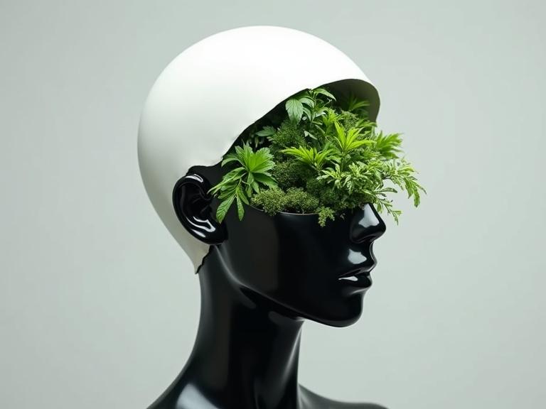 A mannequin-like head with a smooth white upper section cracked open to show green plants growing inside. Lower part is glossy black. Background is soft grey gradient.