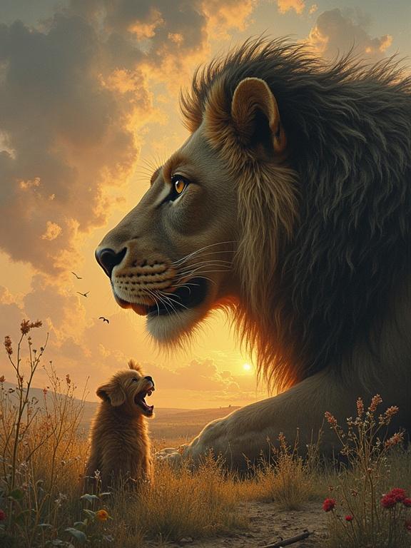 A majestic scene featuring a large lion and its cub. The lion is side-profile, showcasing its impressive mane and facial features. The cub is smaller and yawning, sitting next to the lion. The background displays a sunset with clouds in a natural landscape. The overall mood is warm and heartening.