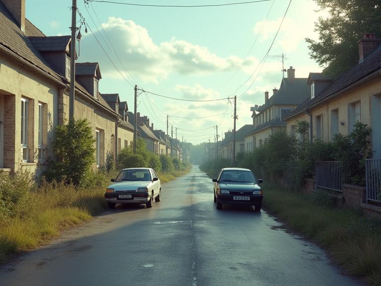 A subjective view of an escort scene in La Turbie France. Partially clear day. Two cars on the street. One is a 1995 Citroen XM in black. The other is a 1990 Peugeot 605 in black. Ambiance of 1998 using Unreal Engine 5.6.