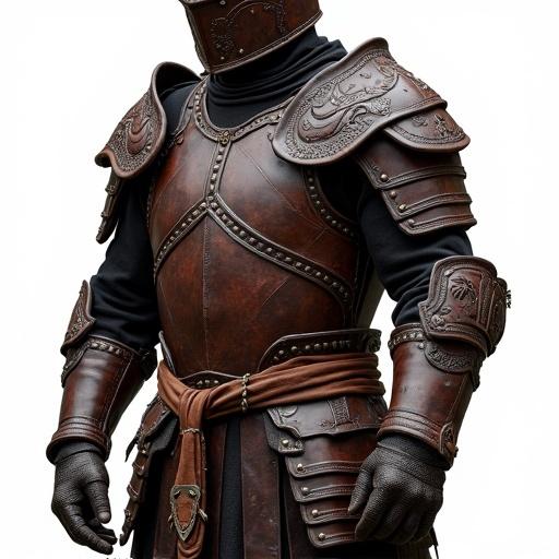Full body armor crafted from dark cured leather with a rich brown tone. Rugged matte finish shows signs of battle wear. Articulated panels for mobility. Reinforced segments for protection. Thick thread stitching and embossed mythical patterns. High stiff collar with layered leather scales. Curved leather pauldrons with carvings. Underneath, a padded tunic. Segmented guards for arms and elbows. Gloves with metal knuckles. Broad belt with utility loops. Leather tasset skirt. Hardened leather thigh guards and greaves. Tall leather boots with reinforced toes. Transparent background.