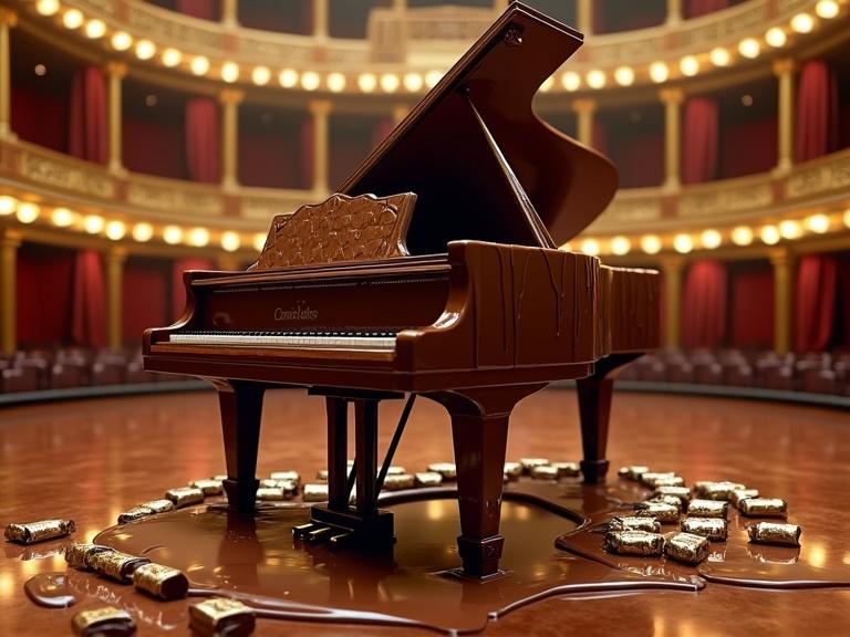 A grand piano made of rich chocolate melts with thick drips. Keys resemble chocolate bars in gold and silver foil. Set in an opulent concert hall with golden balconies, marble pillars, crimson velvet curtains. Hyperrealistic digital painting with warm spotlight lighting.
