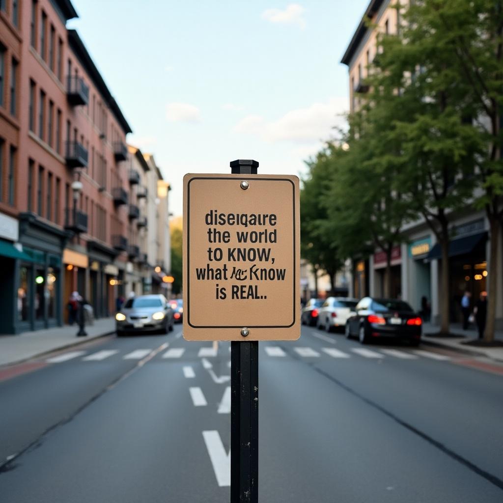 A sign saying 'disregard the world to know what you know is real' is placed on a street.