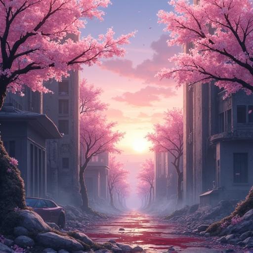 Anime-style ruined city with post-apocalyptic setting and broken buildings. Subtle smoke drifts through the air. Cherry blossoms gently fall with soft pink petals contrasting gray ruins. Traces of blood seen on the ground. The scene illuminated by cinematic lighting during sunset, creating a dreamy atmosphere. The environment is detailed with a slightly painterly touch and semi-realistic shadows.