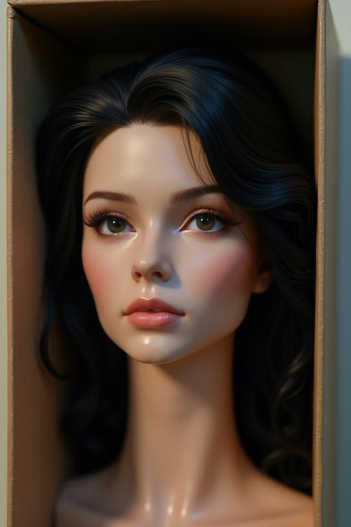 Realistic female head placed in a box with black hair. The head is positioned upright. The box is plain, made of cardboard. The hair is styled with soft curls. A focus on the details of the hair and the shape of the head is evident. Light softly illuminates the features of the mannequin head.