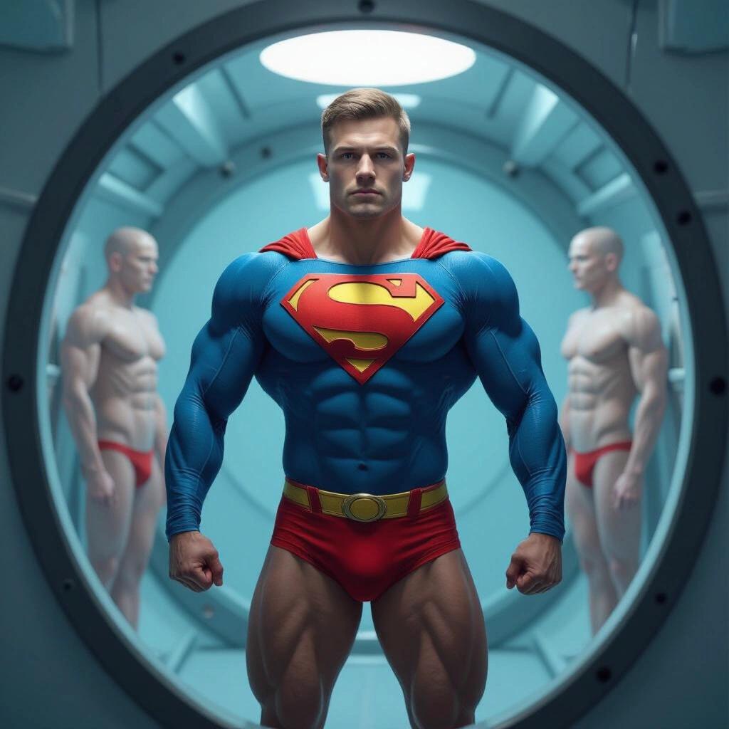 Powerlifter dressed in bright blue superhero suit with red briefs. Set in a futuristic laboratory designed for human cloning. Subject shows significant muscle definition and strength. Background features other faintly visible humanoid figures.