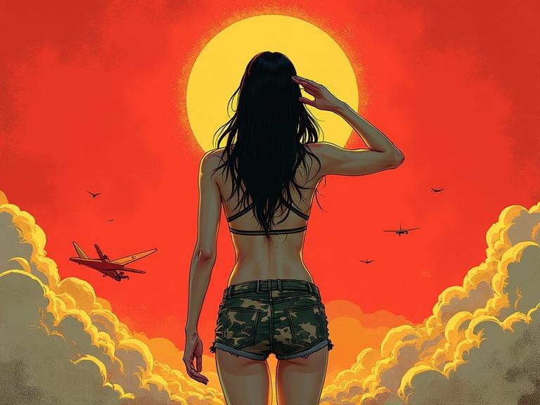 Comic book illustration of a female character saluting the horizon. Seen from behind with a propaganda poster aesthetic. Bold outlines and sharp shadows. Retro-futuristic military theme with a vivid red and gold color palette. Character wearing torn camo shorts against a stylized background.