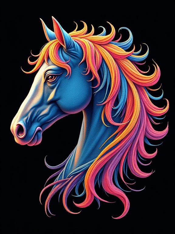 Colorful machine embroidery with mysterious outline on black background featuring beautiful horse head with vivid bright colors and highly detailed elements.