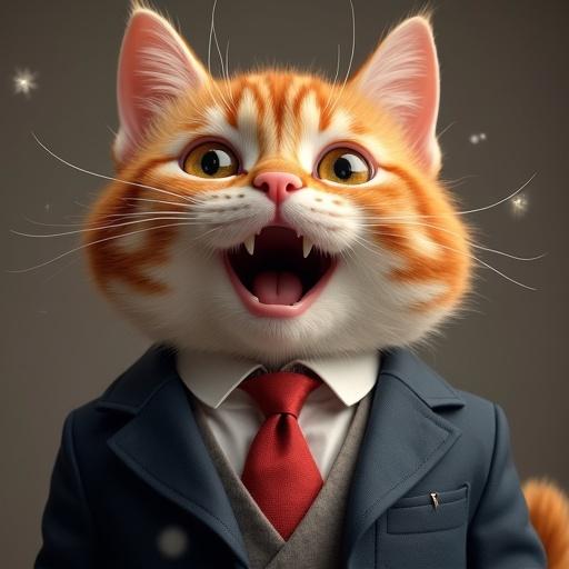 A semi-realistic cat wearing a suit. The cat has sparkling eyes and blushing cheeks. It displays a proud and excited expression.