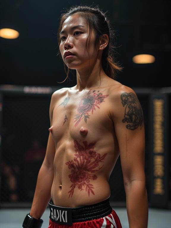 Young female Thai fighter in an MMA arena. She has visible heavy bruises and tattoos on her upper body.