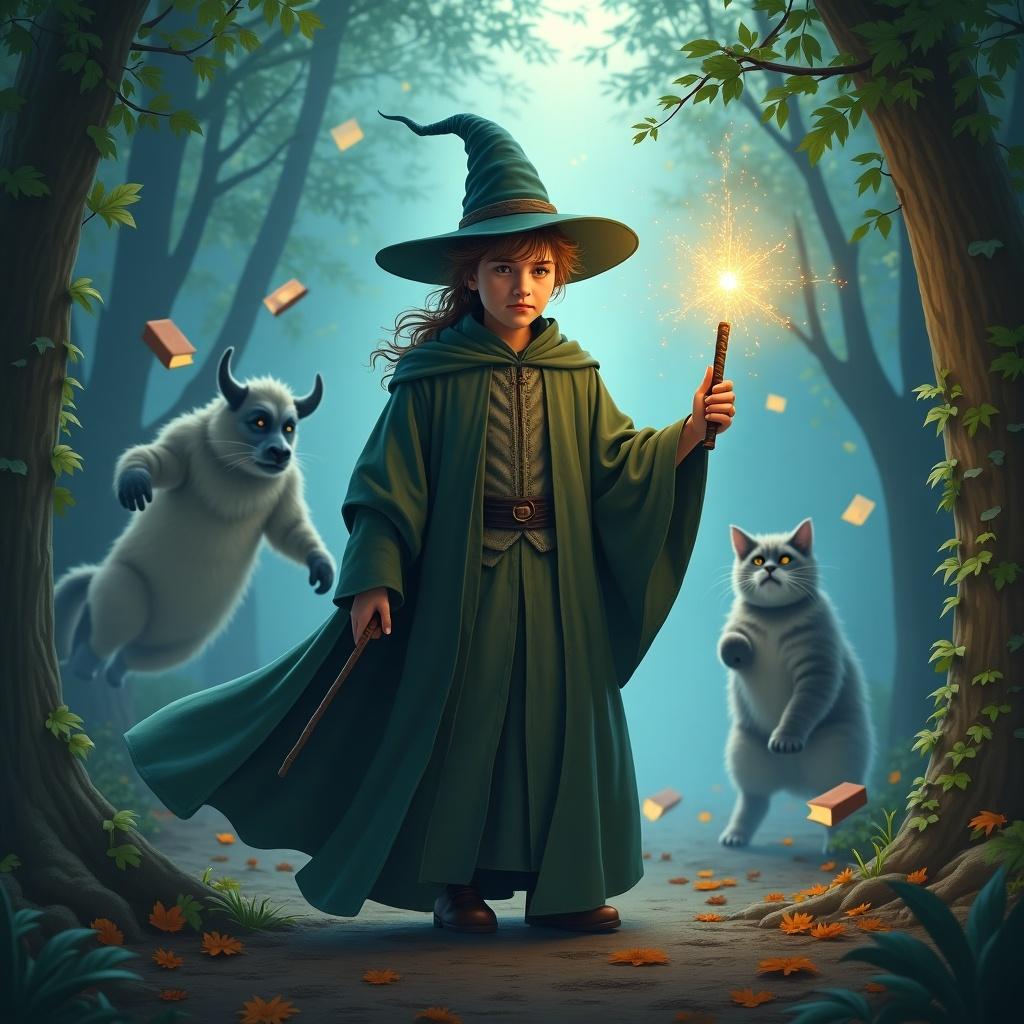 A girl dressed as a wizard stands in a forest. She holds a sparkly wand. A magical atmosphere surrounds her. Two creatures, a fluffy white cat and a furry creature, join her. The scene is enchanting.