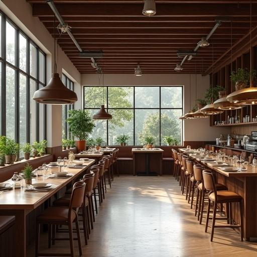 Cozy restaurant interior with natural light. Green plants and warm tones create a welcoming ambiance. Modern industrial design elements featured prominently.