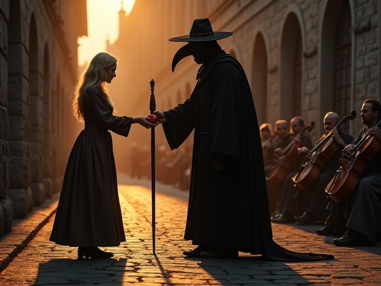Highly detailed photorealistic image of a medieval plague doctor in a black robe and beaked mask standing in an eerie street at sunset. The doctor holds a wooden staff and a sharp lancing tool. A blonde peasant woman offers a bright red apple, showcasing the contrast between life and death. The scene is atmospheric, with warm, golden light casting shadows across cobblestone. An octet plays melancholic music in the background, enhancing the somber mood.