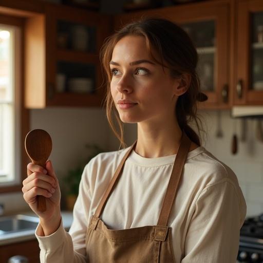 Semi-realistic portrait of a woman in her early 30s with chestnut brown hair tied loosely. She has brown eyes and a serene expression. Wearing a neat apron over a casual long-sleeve dress. Holding a wooden spoon and glancing to the side. Softly lit kitchen background with natural sunlight and rustic wooden cabinets.