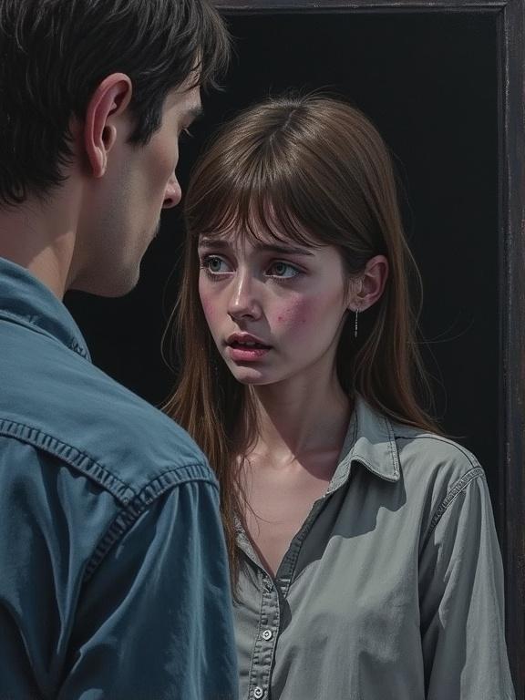 Realistic crayon drawing depicting a side view of a scared, tearful high school girl with an unbuttoned shirt in a dark bedroom. She looks down, hands on sides, facing a middle-aged man. Scene conveys drama and emotional depth.