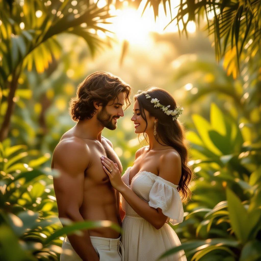 Couple embodies Adam and Eve in a lush paradise. Romantic scene with warm golden light in a vibrant garden. Adam is youthful and muscular, covered in leaves. Eve is graceful with glowing skin and leafy adornments. They are surrounded by rich nature and peaceful animals.