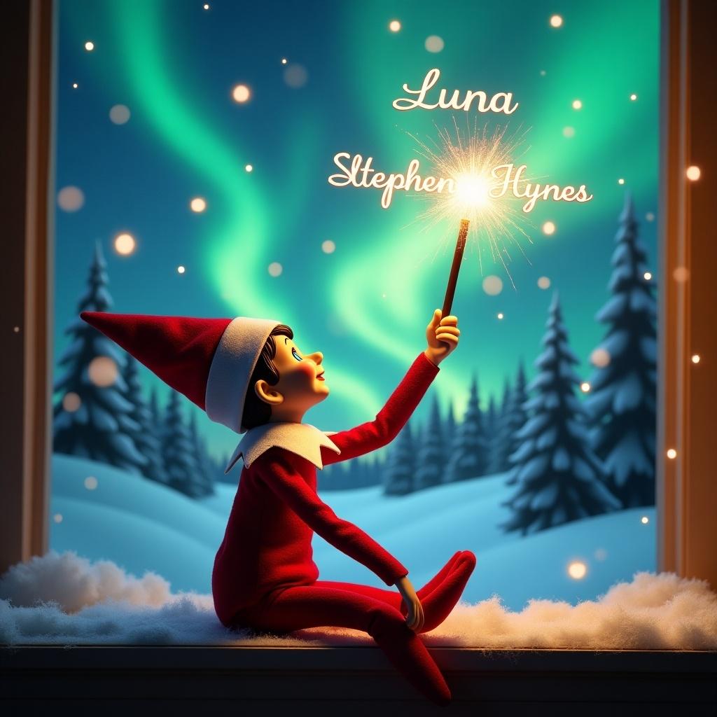 Elf on the shelf gazing skyward. Holds glowing wand emitting sparkling light. Background features colorful northern lights. Snow covers ground, enhancing winter atmosphere. Elf embodies magic and wonder of Christmas. Name Luna Stephanie Hynes written in air with wand.