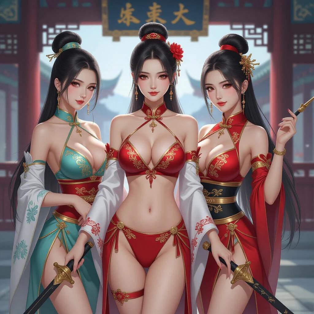 A group of three women inspired by classic Chinese xuanhuan fantasy. Featuring Chinese-looking faces and fair skin. They wear revealing traditional-style clothing like bras and panties. Set in their sect headquarters with unique weapon accessories.